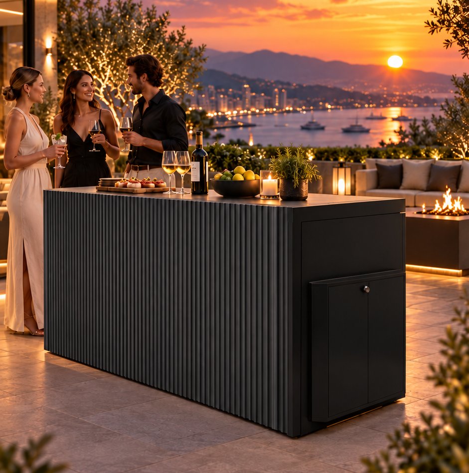 CUSTOM closed configuration with guests gathered around the bar